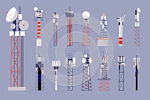 Communication towers. Satellite cellular antenna, wireless mobile telecommunication equipment. Network or radio radar