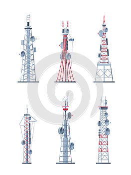 Communication towers. Technological modern network wireless systems telecommunication smart buildings garish vector