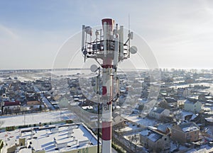 Communication transmitter tower with antenna such a Mobile phone tower, Cellphone Tower, Phone Pole etc on the clear blue sky