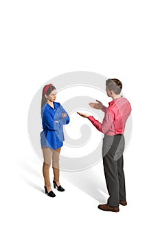 Communication. Two employees, man and woman talking about projects over white studio background. Isometric view. Concept