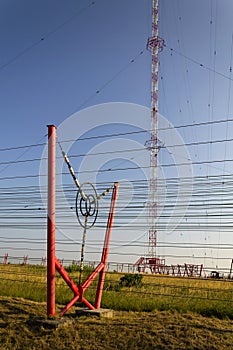 Communication wires at radio transmitter tower Liblice in Czech republic