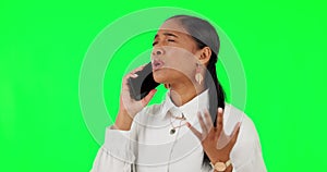 Communication, woman on a phone call and against a green screen with smartphone. Connectivity or discussion, mockup