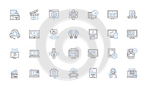 Communications company line icons collection. Connect, Nerk, Service, Wireless, Broadband, Voice, Data vector and linear