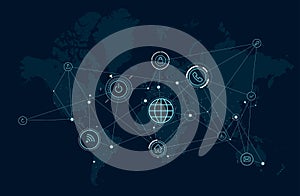 Communications network map of the world, data process activity, wireless technologies