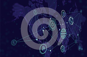 Communications network map of the world, data process activity, wireless technologies, monitor screen in perspective