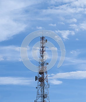 Communications tower with a beautiful blue sky.