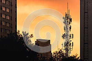 Communications Tower With Orange Sky