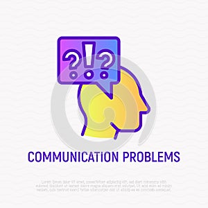 Communicative problems thin line icon: silhouette of head with different signs. Modern vector illustration of depression, neurosis