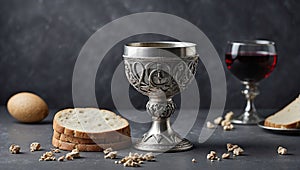 Communion still life unleavened bread chalice of wine silver kiddush wine cup on grey background