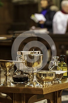 A communion table set out for worship