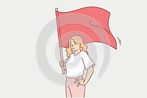 Communist woman holds red flag, advocating class equality or strengthening trade unions