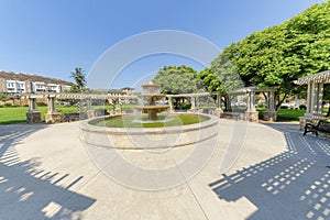 Community area with circular fountain in San Marcos, California