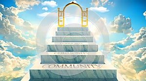 Community as stairs to reach out to the heavenly gate for reward, success and happiness. Step by step, Community elevates and