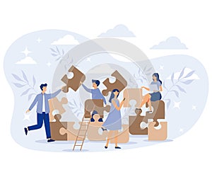 Community of business people building teamwork and cooperation. corporate employee connect and match puzzle parts together, flat