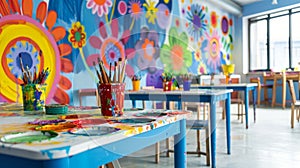 Community center art space, children enjoy painting classes, walls with vibrant murals, tables hold paints and brushes