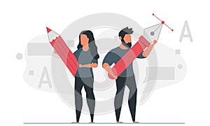 A community of designers from creative people. Woman holding pencil and man holding pen vector illustration