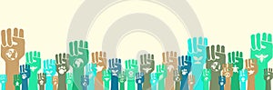 Community environmental activism banner, raised hands with eco symbols, human solidarity