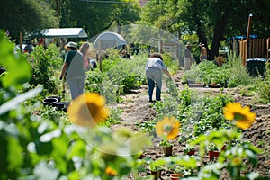 Community garden with individuals from different walks of life tend to their plots. Native plants, green spaces and