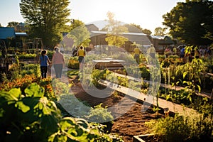 Community garden with individuals from different walks of life tend to their plots. Native plants, green spaces and