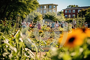 Community garden with individuals from different walks of life tend to their plots. Native plants, green spaces and