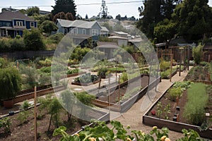 community garden with vegetable and herb plots, plus fruit trees and berry bushes