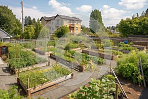 community garden with vegetable and herb plots, plus fruit trees and berry bushes