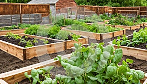 Community kitchen garden. Raised garden beds with plants in vegetable