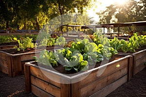 Community kitchen garden. Raised garden beds with plants in vegetable community garden