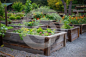 Community kitchen garden. Raised garden beds with plants in vegetable community garden