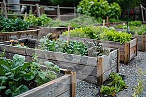 Community kitchen garden. Raised garden beds with plants in vegetable community garden