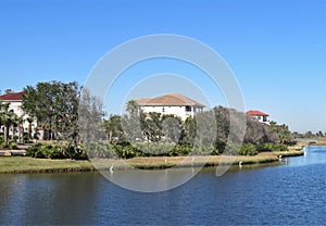 Community lake in a residential area surrounded by homes