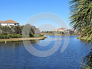 Community lake in a residential area surrounded by homes
