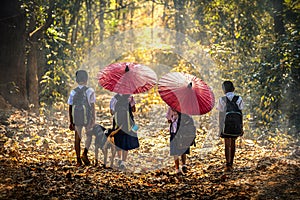 Community life. The boy and girl holding a red umbrella with dog is walking in the forest to go to school. Group of school boys