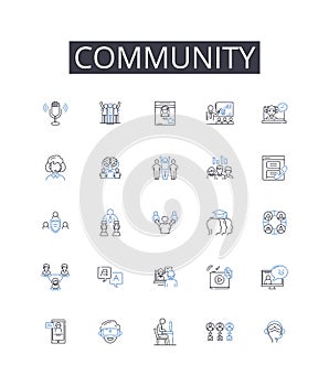 Community line icons collection. Society, Population, Neighborhood, Assembly, Congregation, Gathering, Colony vector and