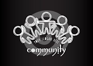 Community logo. Social network media people logo. White many outlined silhouettes of people on dark background
