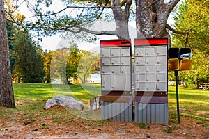 Community mailboxes along a road with a park in background