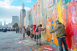 Community Members Engage in Collaborative Urban Art on Public Wall