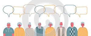 Community of older people. Communication of elderly men and elderly women. People icons with speech bubbles