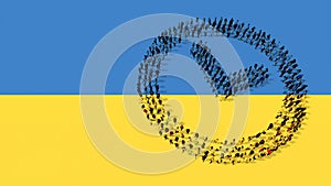 Community of people forming the clock icon on Ukrainian flag.  3d illustration metaphor for no time