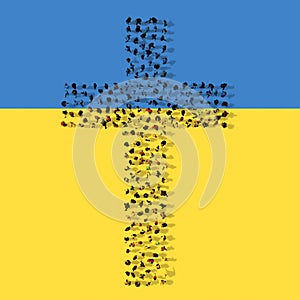 Community  of people forming the image of religious Christian cross on Ukrainian flag