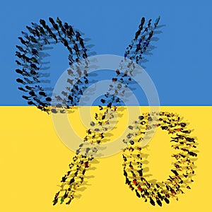 Community of people forming the percent sign on Ukrainian flag