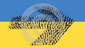 Community of people forming the road sign on Ukrainian flag.  3d illustration metaphor for decision