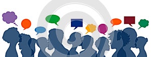 Community people heads silhouette with colorful thinking and speech boxes panorama banner team vector. Human chatting