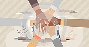 Community people holding hands together as social unity tiny person concept