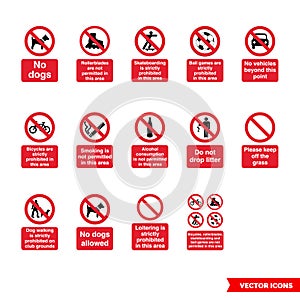 Community safety prohibitory signs icon set of color types. Isolated vector sign symbols. Icon pack