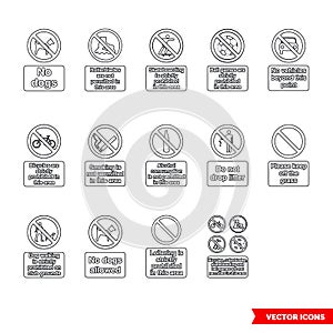 Community safety prohibitory signs icon set of outline types. Isolated vector sign symbols. Icon pack