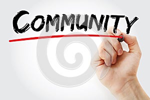 Community text with marker, business concept background