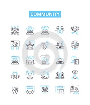 Community vector line icons set. Commune, Society, Fellowship, Congregation, Tribe, Collaboration, Coalition