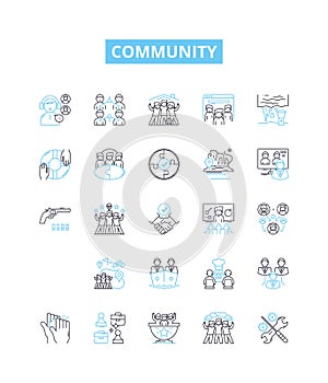 Community vector line icons set. Commune, Society, Fellowship, Congregation, Tribe, Collaboration, Coalition