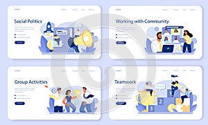 Community working web banner or landing page set. Team building